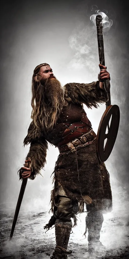 Image similar to old vintage full body photo of ancient viking warrior with full beard on the complex complex steam punk antigravity engine during viking event, extreme sports photography ,super high speed photography, dynamic photography,symmetrical face, clean face, muscular body, high speed,dirt and grawel in air, lens flares, dust partiles in the air, dramatic lighting, intricate, highly detailed, centered, smooth, sharp focus, sports photography, old photo, black and white, sepia, cinematic lighting, cinematic angle, national geographic