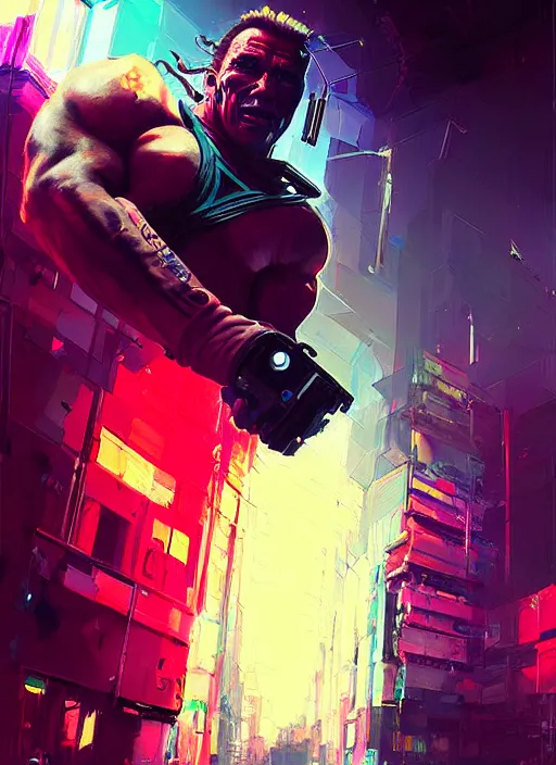 Prompt: portrait of schwarzenegger as cyberpunk street fighter, by ismail inceoglu