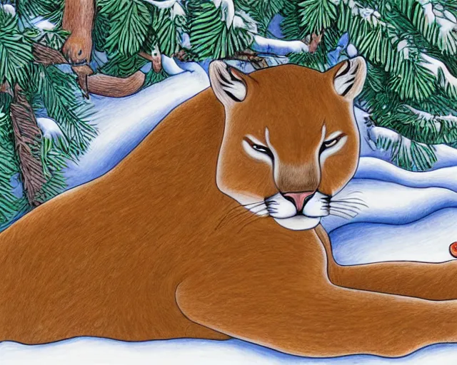 Prompt: unfinished colouring book showing 'a cougar sleeping in the middle of snowy pine tree' laying on coffee table, zoomed out shot, HD,