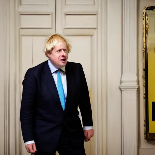 Image similar to Boris Johnson wearing suit and necktie drinking tea from a yellow mug