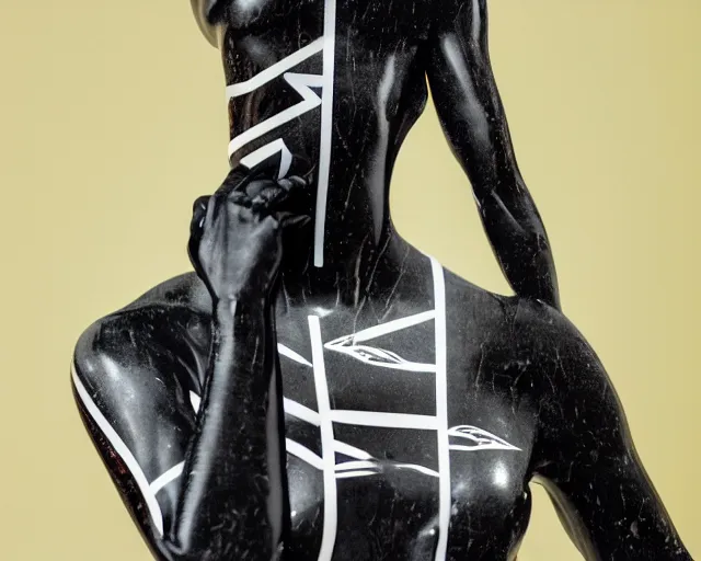 Image similar to very very beautiful dark black marble statue of a beautiful woman with colorful motocross logos on the wall behinder in the background in the style of virgil abloh, dark soft lighting, cinematic, detailed, off white, heron preston, 8 k, 4 k, detailed, beautiful, symmetrical, vogue, editorial, fashion, magazine, museum lighting, night time, dark