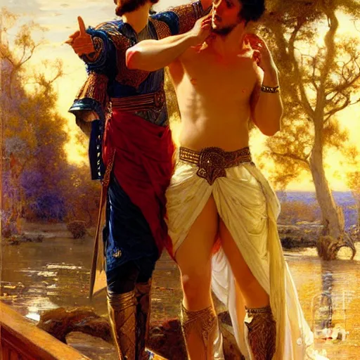 Image similar to attractive fully clothed king confesses his love for his attractive fully clothed male prince. highly detailed painting by gaston bussiere, mark brooks, j. c. leyendecker