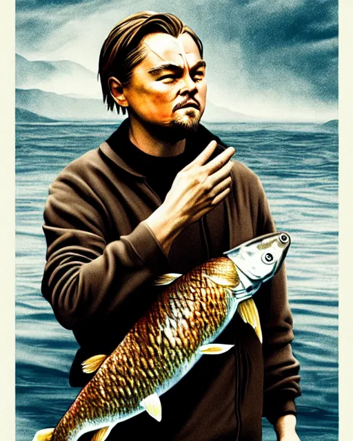 Image similar to photograph of leonardo dicaprio holding a carp in his both hands. movie poster, illustration by bartek fedyczak, erak note, tooth wu, neil richards, kan liu, siwoo kim, jisu choe, trending on art station