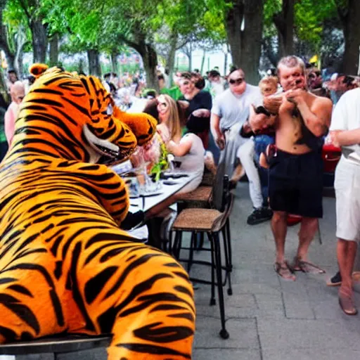 Prompt: tony the tiger eating a juicy steak while people watch