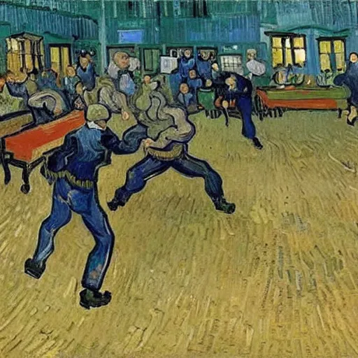 Image similar to people fighting at real estate auction, painting by van gogh