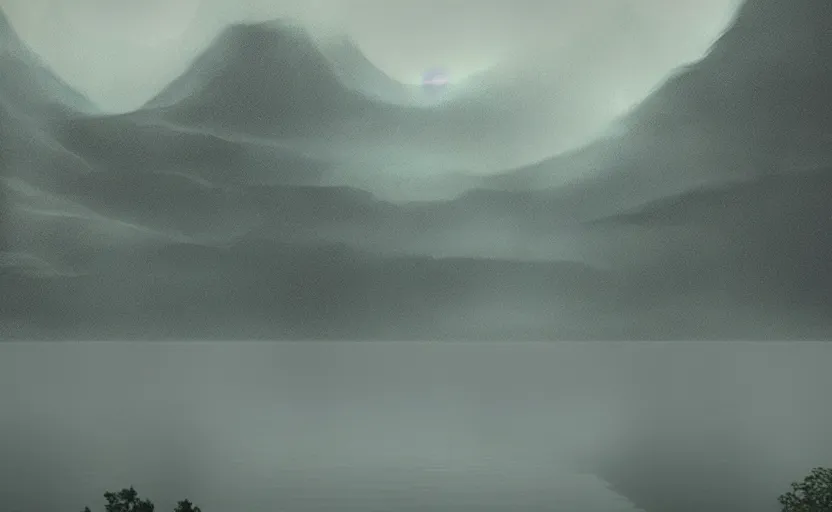 Image similar to a strange lake directed by charlie kaufman ( 2 0 0 1 ) anamorphic lenses, foggy volumetric at night, cinematic trending on artstation in the style of greg rutkowski