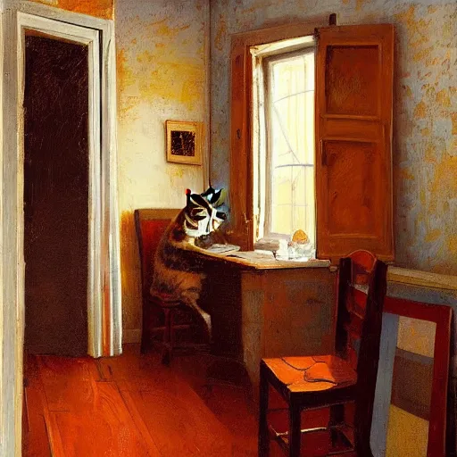 Image similar to a cozy little office nook with a cat in it, dmitry spiros, leonardo da vinci, jacques - louis david, johannes vermeer, 8 k, wide angle,