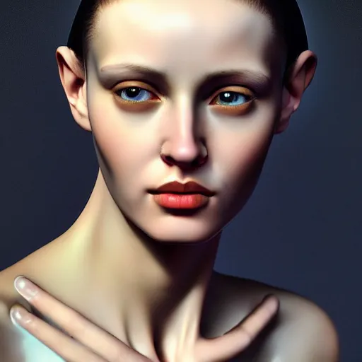 Image similar to hyperrealism aesthetic photography in caravaggio style quntum computer simulation visualisation of parallel universe cyberpunk scene with beautiful detailed ukrainian woman with detailed face and perfect eyes wearing ukrainian traditional shirt and wearing retrofuturistic sci - fi neural interface designed by josan gonzalez. hyperrealism photo on pentax 6 7, by giorgio de chirico volumetric natural light rendered in blender