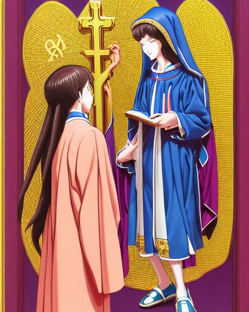 Image similar to a richly detailed color  illustration depicting a pretty teenage woman as a pastor in an Orthodox church, 3D shadowing effect, ultra ornate detail. masterfully illustrated by Akira Toriyama and Mina Petrovic and Range Murata.