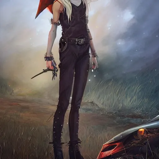 Image similar to a skinny high-fantasy elf with a long narrow face and spiky blonde hair wearing dark brown overalls and holding a bomb next to a destroyed car, painting by Charlie Bowater