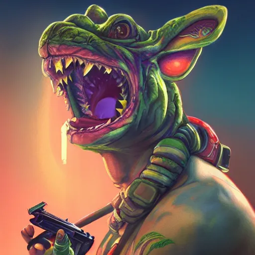 Prompt: yoshi as trevor philips vaporwave, one eye red, vulcaon machine gun, cigar, highly detailed, digital painting, artstation, concept art, smooth, sharp focus, illustration, art by artgerm and greg rutkowski and alphonse mucha