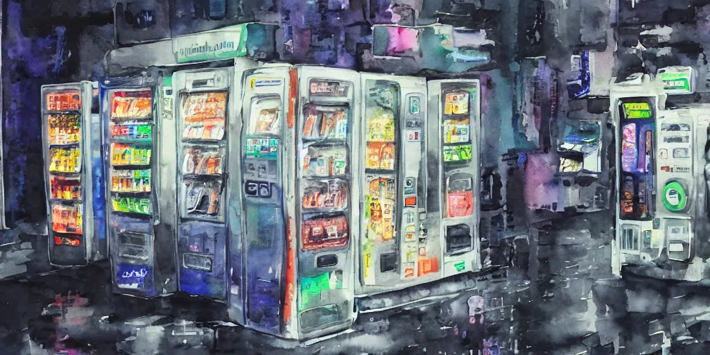 Prompt: broken vending machines, Ghost in the Shell, ultrawide watercolor