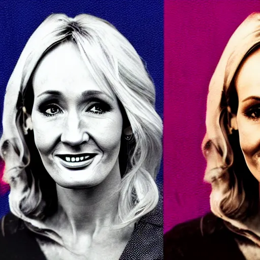 Prompt: Portrait till photograph of JK Rowling smiling in front of the transgender flag, detailed, textured, medium shot, mid-shot, trending on Artstation