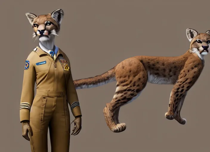 Prompt: character portrait feature of the anthro female anthropomorphic puma bobcat mountain lion fursona wearing airline pilot outfit uniform professional pilot for delta airlines character design stylized by charlie bowater, ross tran, artgerm, and makoto shinkai, detailed, soft lighting, rendered in octane