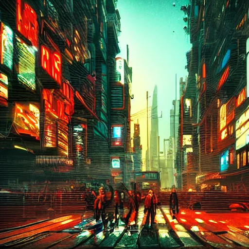 Image similar to cyberpunk street, 4k, sharp, Renaissance painting style