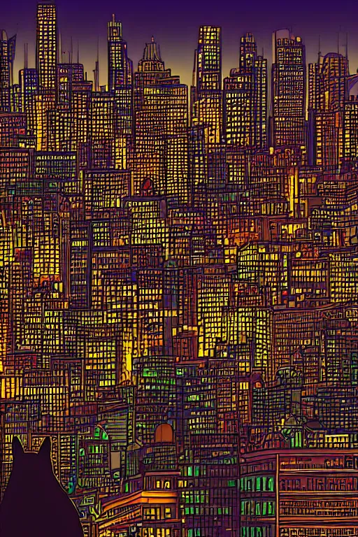 Image similar to cat overlooking bustling downtown city at night, pixel digital artstyle HD