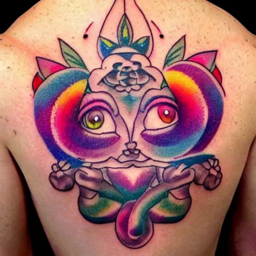Image similar to shoulder tattoo of a multicolored meditating cute bush baby, eyes are sparkeling rainbow spirals, glowing chakra symbols, surrounded with colorful lotus leaves, insanely integrate