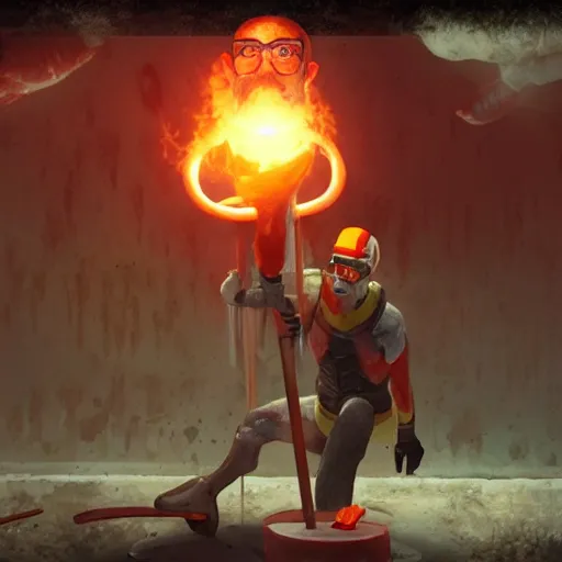 Prompt: gordon freeman sacrificing meat on an altar underground