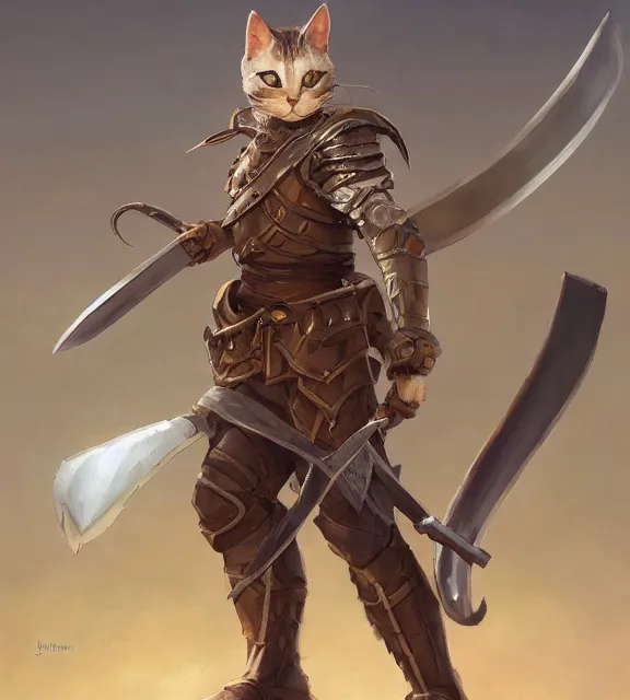 a cat warrior wearing armor holding one single sword,, Stable Diffusion