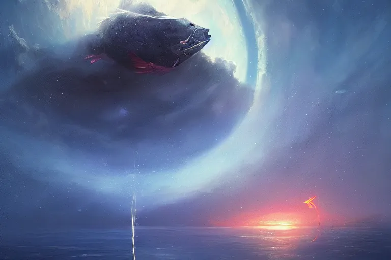 Image similar to glitched fantasy painting, the night sky is an upside down ocean, the moon is an anglerfish lure, by jessica rossier