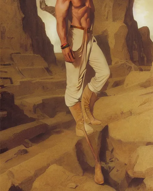 Image similar to doc savage in an egyptian tomb wearing jodhpers and knee high boots and no hat, fantasy character portrait, ultra realistic, concept art, intricate details, highly detailed by soft light, volumetric light, misty, william adolphe bouguereau, munch, maxfield parrish, james bama, and frank frazetta