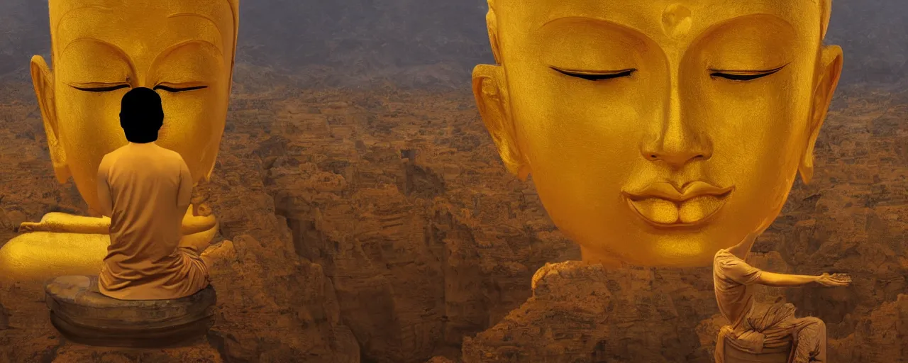 Image similar to a surreal golden painting of a man meditationg on a cliff where he sees giant buddahs eyes floating in the desert