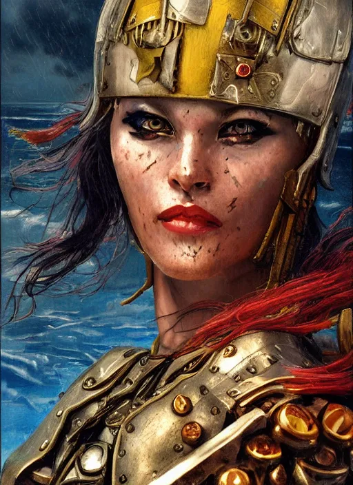 Prompt: dynamic! closeup biblical diabolical pirate! cyborg girl! stylish armor, heavy eyes to the side, closeup, bright glowing eyes, in clouds, rain, sunset, portrait, by gerald brom, by mikhail vrubel, by peter elson, muted colors, extreme detail, mirrors, trending on artstation, 8 k