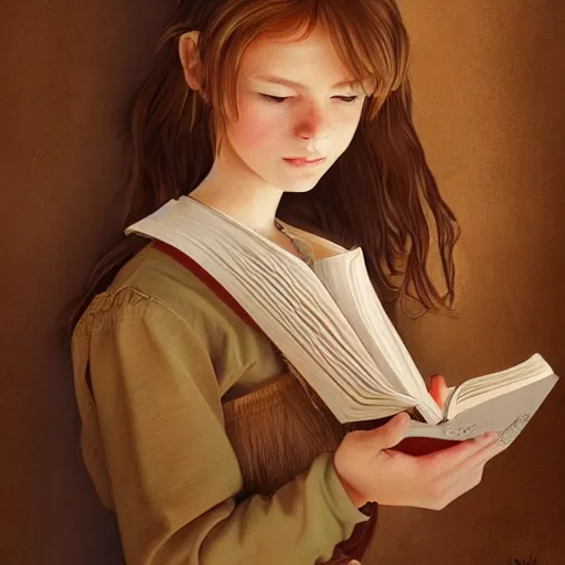 Image similar to village girl reading a book, highly detailed, digital painting, artstation, concept art, art by artgerm and Johfra Bosschart