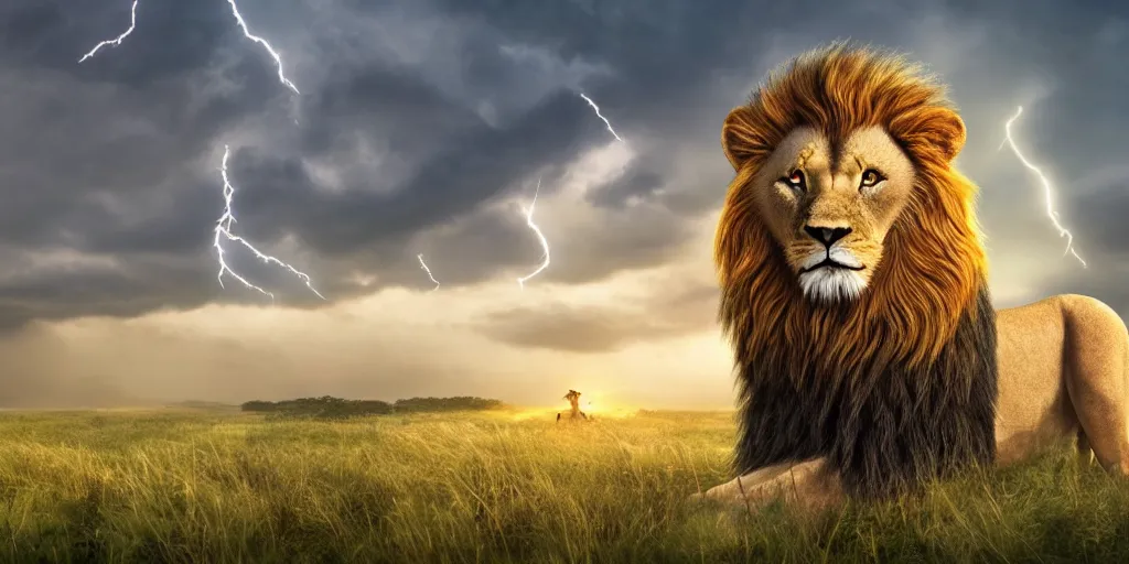 Prompt: aslan the lion, composition, hyper realistic, volumetric lightning. studio lightning, wallpaper, meadow in the background, sunrise