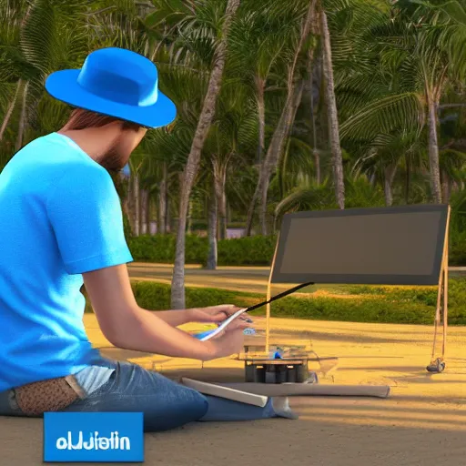 Prompt: man in a blue bucket hat playing a midi controller launchpad ableton live from a beautiful island in the tropics, photo realistic, 4 k render, cinema 4 d, maya, zbrush, portrait,