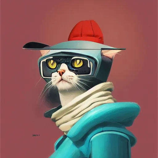 Image similar to a half robot cat wearing a hat medium shot, asymmetrical, profile picture, organic painting, nebula, matte painting, bold shapes, hard edges, street art, trending on artstation, by huang guangjian and gil elvgren and sachin teng