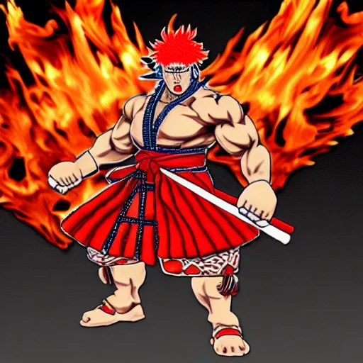 Image similar to a nihonga style shogun that is akuma from street fighter surrounded by flames