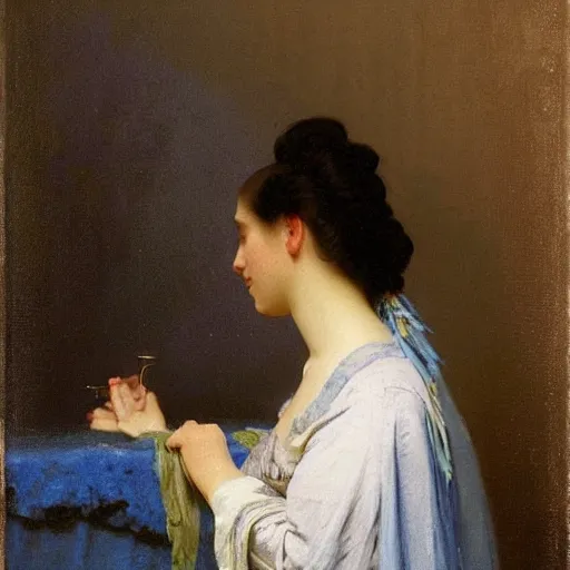 Prompt: a young woman’s face, her hair is silver, she wears a long flowing blue satin veil, by ivan aivazovsky and pieter claesz and paul delaroche and alma tadema and august malmstrom and and willen claesz heda and aelbert cuyp and gerard ter borch and alphonse mucha, hyperrealistic, volumetric light, rendered in octane, c4d