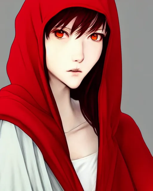 Image similar to portrait Anime white woman with red hair; cloak with hood || pretty face, realistic shaded Perfect face, fine details. Anime. realistic shaded lighting by Kim Jung Gi