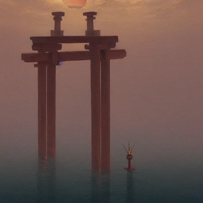 Image similar to a beautiful painting of a torii at sea by simon stalenhag and zdzisław beksinski and rene magritte and greg rutkowski, in style of digital art. hyper detailed, sharp focus, soft light. unreal engine 5. ray tracing. trending on artstation