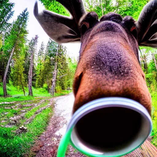 Image similar to close - up fisheye photo of a moose sniffing the camera