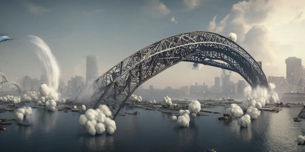 Image similar to explosions in the form of realistic white cotton plants on harbour bridge, huge white cotton everywhere on the destroyed harbour bridge, smooth, sharp focus, highly detailed, 3 d octane render, epic lighting, crazy atmosphere, lots of white cotton, 8 k, by goro fujita