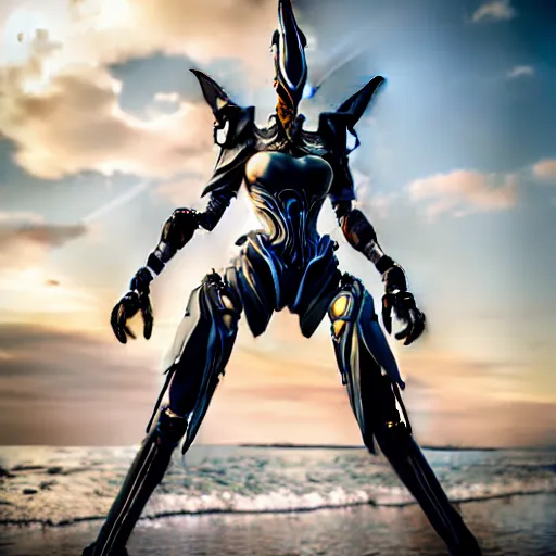 Image similar to looking up at a highly detailed 300 foot tall giant exquisite beautiful stunning valkyr female warframe, as an anthropomorphic robot dragon, posing elegantly over your tiny form, detailed legs looming over you, camera on the ground, at the beach on a sunset, sleek streamlined design, streamlined matte black armor, sharp detailed claws, detailed sharp robot dragon feet, worms eye view, giantess shot, upward shot, ground view shot, leg shot, front shot, epic cinematic shot, high quality warframe fanart, captura, realistic, professional digital art, high end digital art, furry art, giantess art, anthro art, DeviantArt, artstation, Furaffinity, 8k HD render, epic lighting