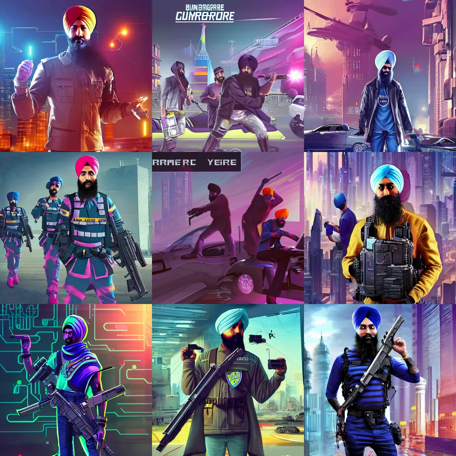 Prompt: sikh cyberempire, everyone is armed, flying cars and no crime, cyberpunk aesthetic