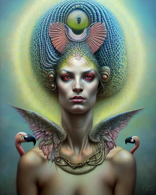 Image similar to a detailed portrait of dreampunk flamingo python hybrid mix beautiful! goddess by tomasz alen kopera and peter mohrbacher