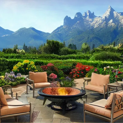 Image similar to Sky patio with luscious fantasy garden, mountains in teh distance, hidden grove, hd, detailed