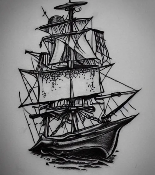 Image similar to A realistic tattoo design sketch of a pirate ship, white background, black and white, highly detailed tattoo, shaded tattoo