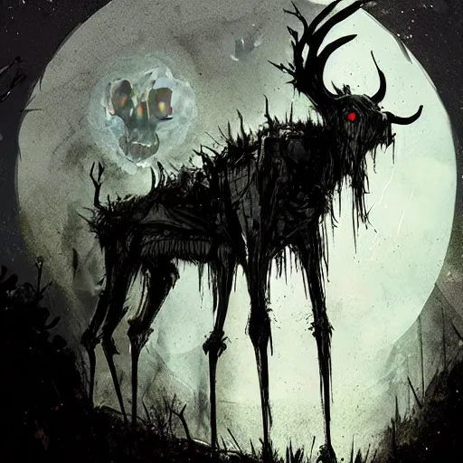 Prompt: a wendigo, by ismail inceoglu, eerie monster, skull head, gaunt and monstrous, evil, illuminated by the moonlight