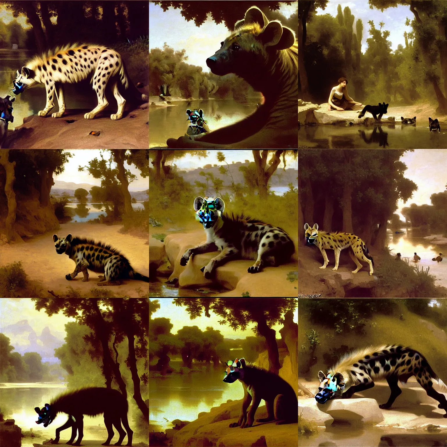 Prompt: painting of a hyena by a river, by william - adolphe bouguereau, james singer sargent, james gurney, greg rutkowski, 8 k, cinematic, unreal