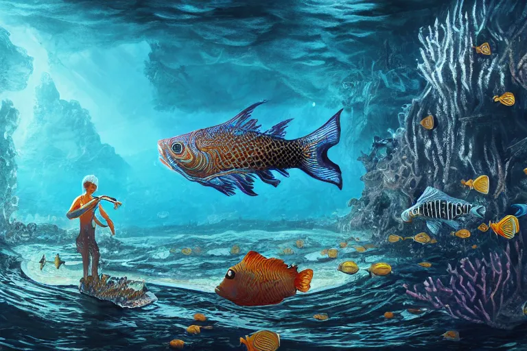 Image similar to fish hunting for humans, under the sea, sci - fi, fantasy, intricate, elegant, highly detailed, concept art, high contrast, sharp focus, oil painting, 4 k