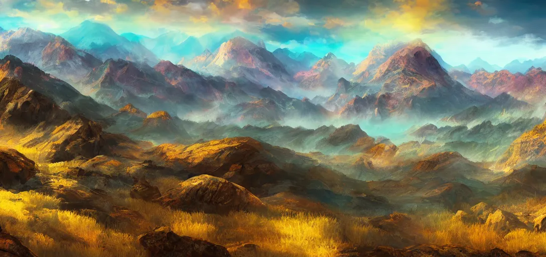 Image similar to vast mountain landscape, craggy mountains, magic the gathering, three - colors, three - color color palette, panoramic, wide angle, horizon, highly detailed