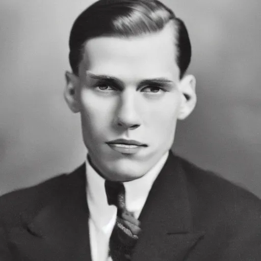 Image similar to A photograph portrait of Jerma985 wearing a suit with short slicked hair in the early 1930s, taken in the early 1930s, grainy, taken on a early 1930s Kodak Camera, realistic, hyperrealistic, very realistic, highly detailed, very detailed, extremely detailed, detailed, digital art, trending on artstation