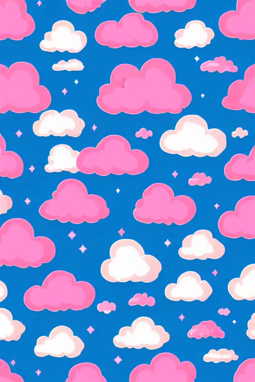 Image similar to repeating seamless retro pixel pattern of pink fluffy clouds in a pretty sky, grain, noise, bold, KDP, colourful, symmetrical, repeating 35mm photography, ultra fine detail, 4k high definition, bold