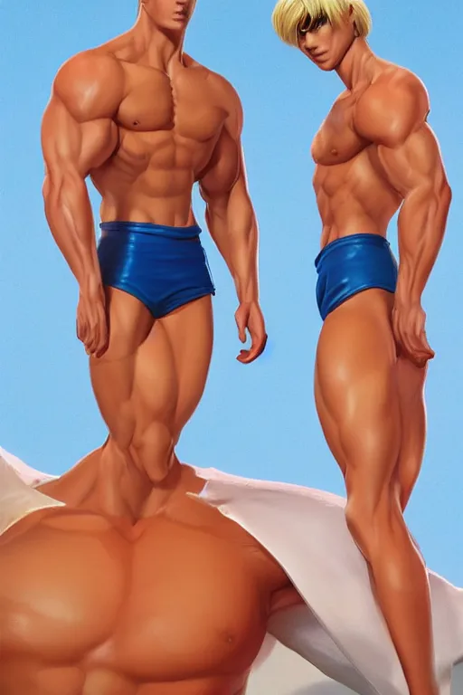 Image similar to a handsome man with blonde hair, ken doll, male android, muscular, wearing a cut-off white top and short light orange shorts, stands by a swimming pool, facing forward, in the style of artgerm and moebius and annie liebovitz, photorealistic, highly detailed, trending on artstation