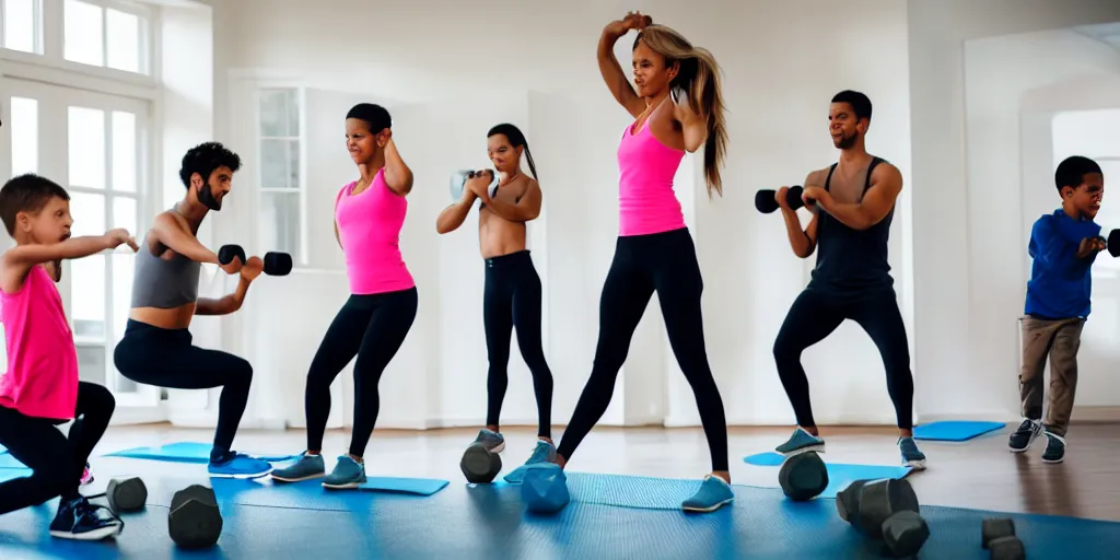 Image similar to a husband and wife exercising with four kids studying, award winning photo,